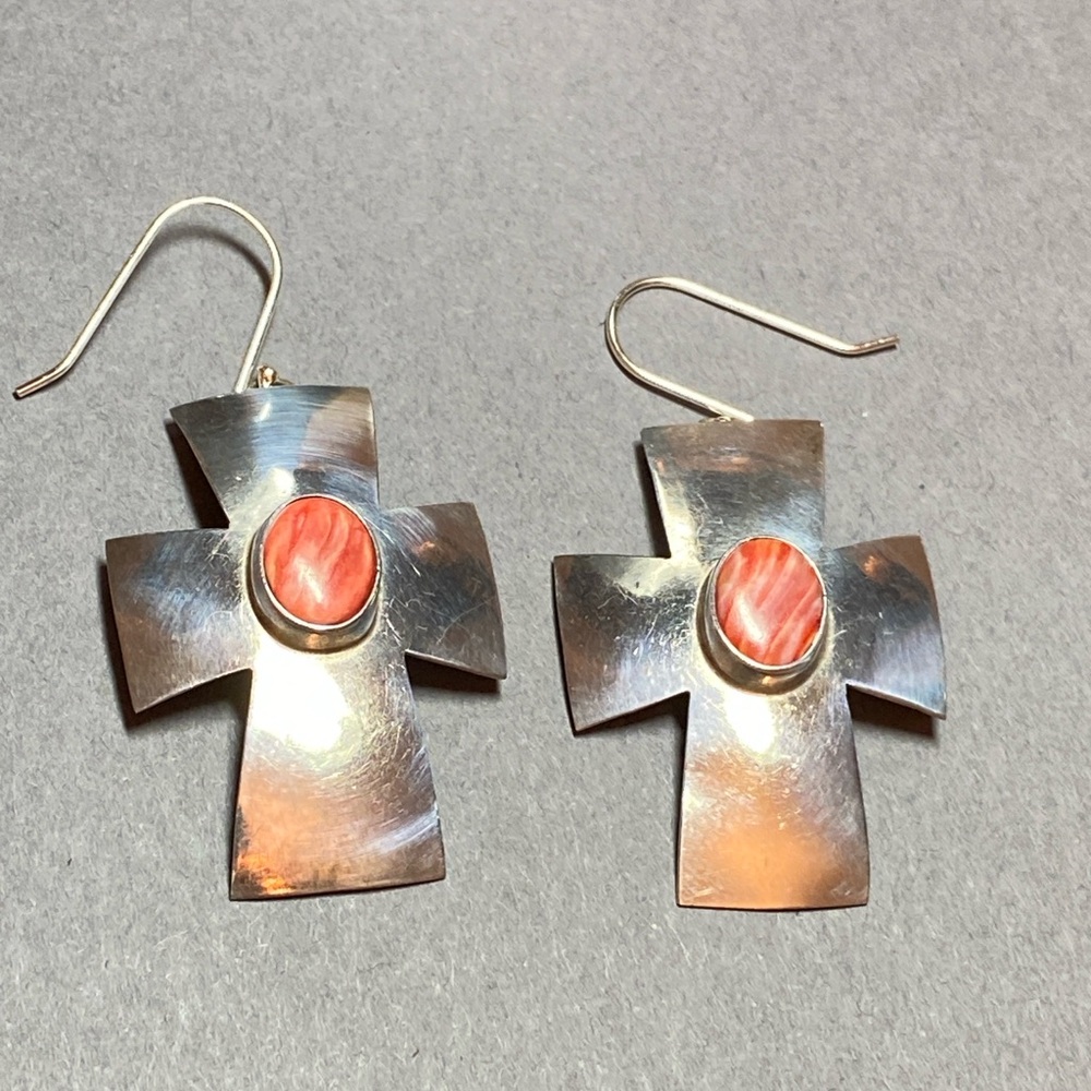 Vintage sterling silver orange spiny oyster Begay cross earrings